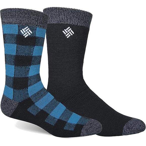 Columbia Check Mate Medium Weight Thermal 2 Pack Navy & Plaid Socks Size 6-12 - Picture 1 of 4